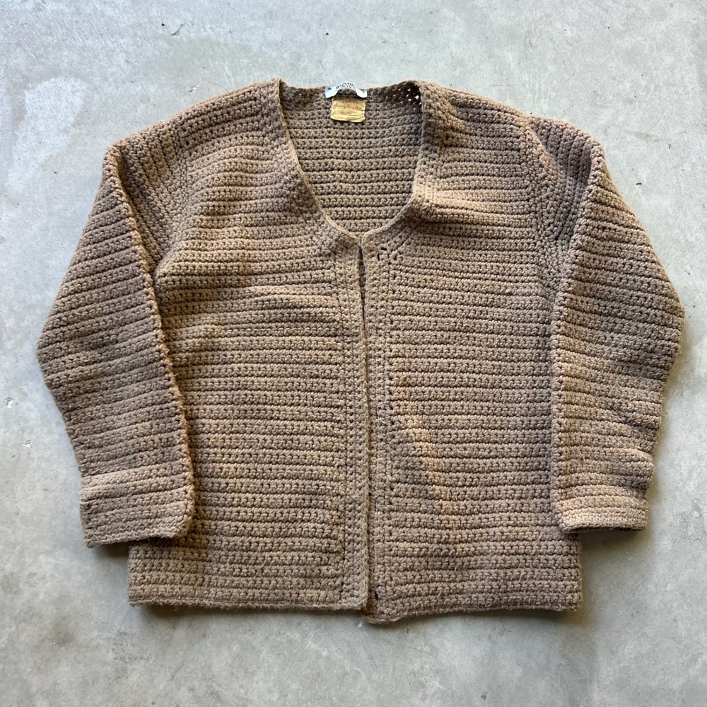 Remain NYC Vintage Handmade Crochet Cardigan Tan Chunky Knit Open Front Boho